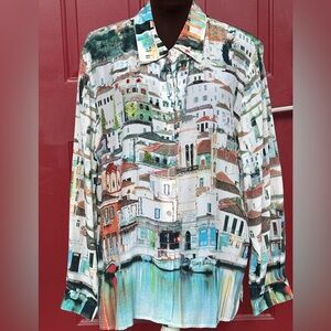 NICOLE TAYLOR sXL 💯silk beaded Venice scenic shirt